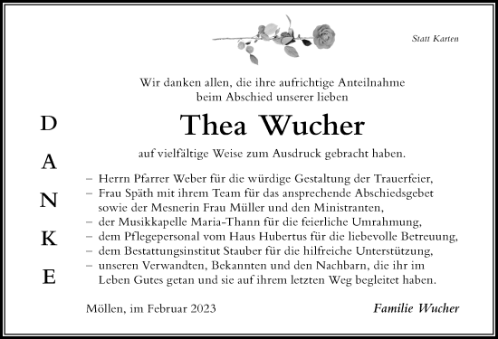 Traueranzeige von Thea Wucher von Der Westallgäuer