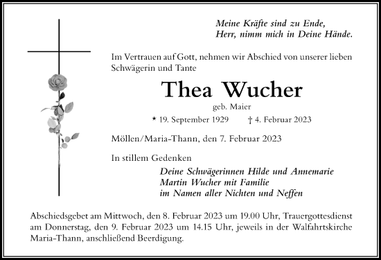 Traueranzeige von Thea Wucher von Der Westallgäuer