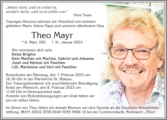 Traueranzeige von Theo Mayr von Allgäuer Zeitung,Kempten