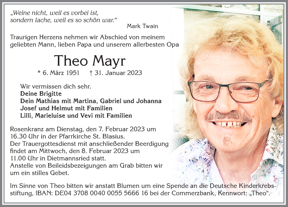  Traueranzeige für Theo Mayr vom 04.02.2023 aus Allgäuer Zeitung,Kempten