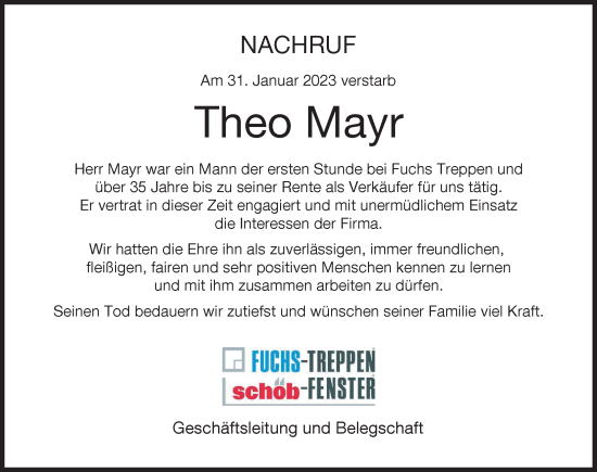 Traueranzeige von Theo Mayr von Memminger Zeitung