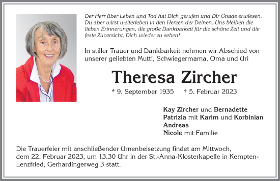 Traueranzeige von Theresa Zircher von Allgäuer Zeitung,Kempten