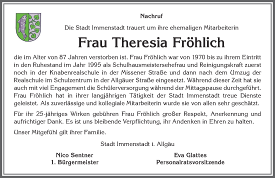 Traueranzeige von Theresia Fröhlich von Allgäuer Anzeigeblatt