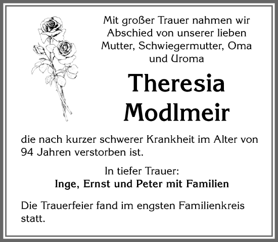 Traueranzeige von Theresia Modlmeir von Allgäuer Zeitung,Kempten