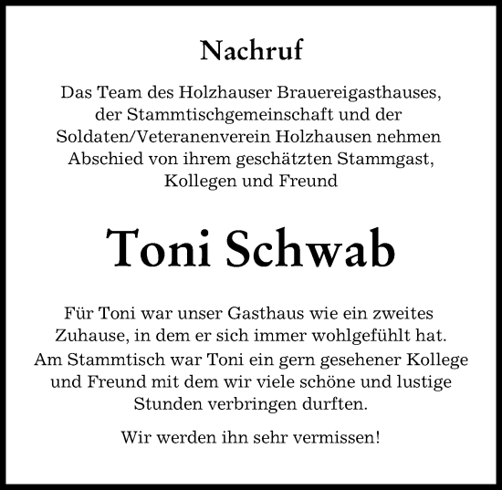 Traueranzeige von Toni Schwab von Augsburger Allgemeine, Landsberger Tagblatt
