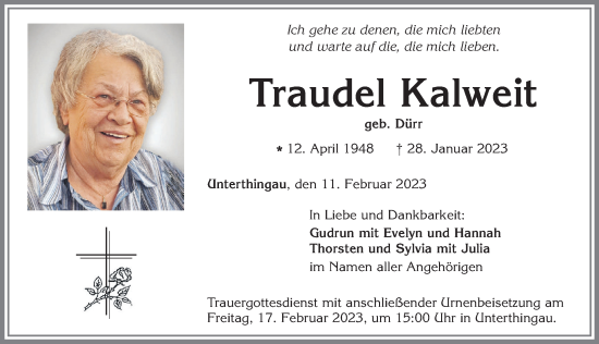 Traueranzeige von Traudel Kalweit von Allgäuer Zeitung, Marktoberdorf