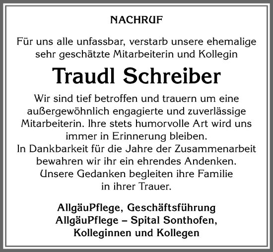 Traueranzeige von Traudl Schreiber von Allgäuer Anzeigeblatt