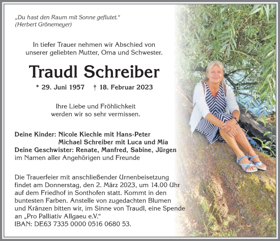 Traueranzeige von Traudl Schreiber von Allgäuer Anzeigeblatt
