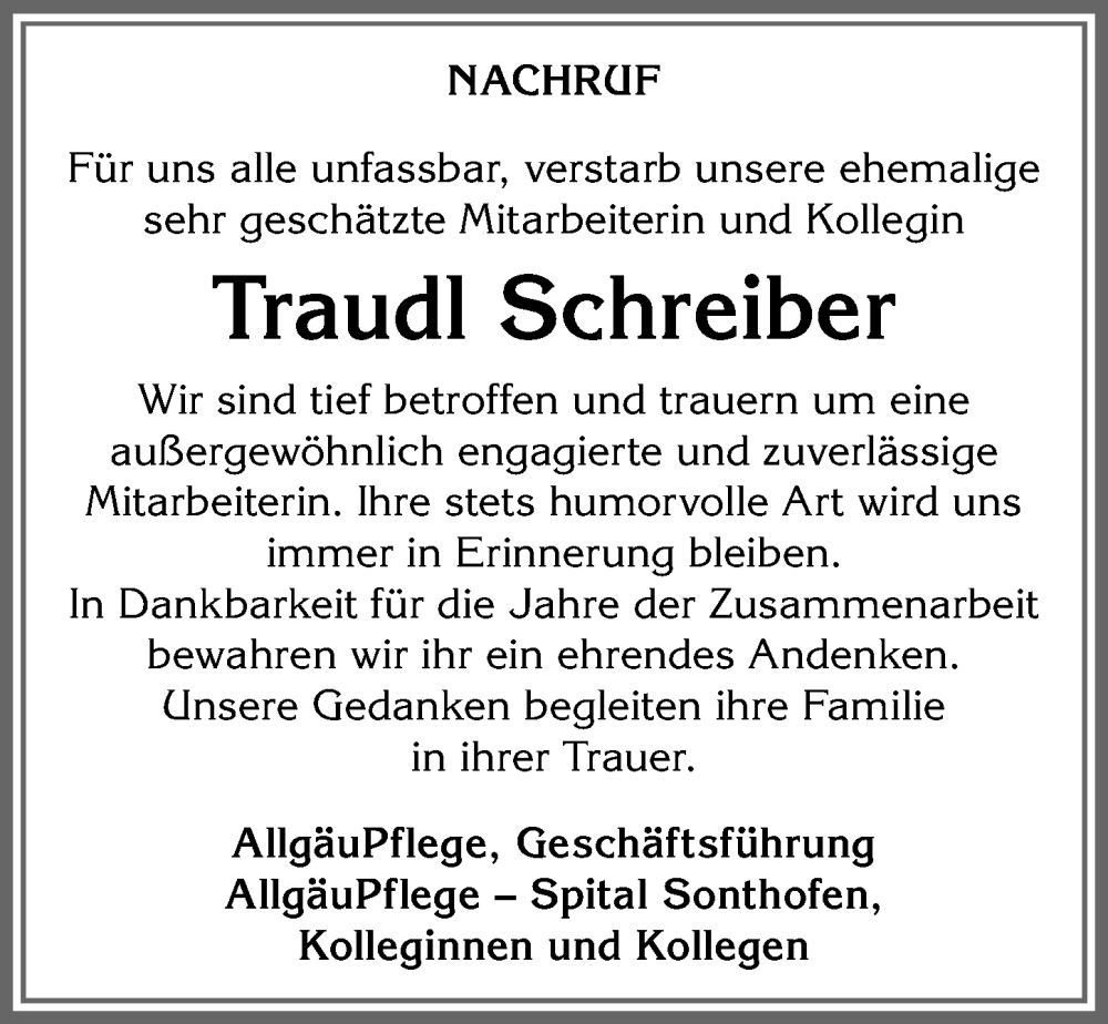  Traueranzeige für Traudl Schreiber vom 25.02.2023 aus Allgäuer Anzeigeblatt