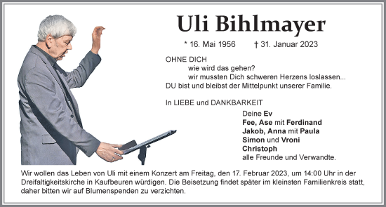 Traueranzeige von Uli Bihlmayer von Allgäuer Zeitung, Kaufbeuren/Buchloe