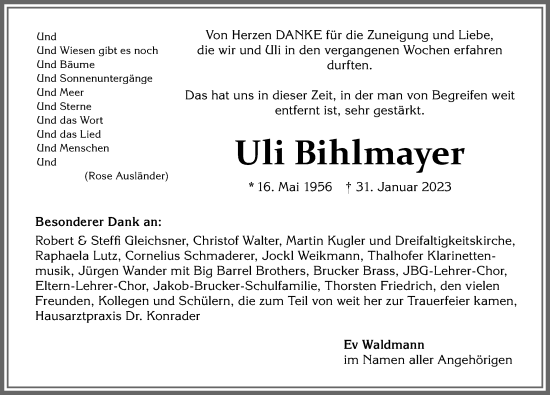Traueranzeige von Uli Bihlmayer von Allgäuer Zeitung, Kaufbeuren/Buchloe