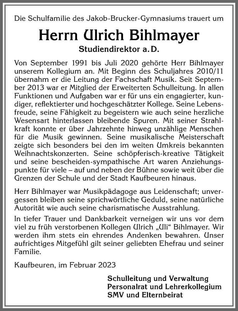  Traueranzeige für Ulrich Bihlmayer vom 11.02.2023 aus Allgäuer Zeitung, Kaufbeuren/Buchloe