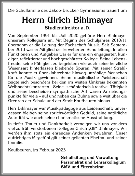 Traueranzeige von Ulrich Bihlmayer von Allgäuer Zeitung, Kaufbeuren/Buchloe
