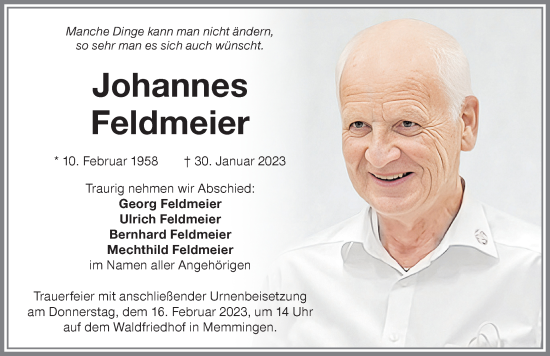 Traueranzeige von Johannes Feldmeier von Memminger Zeitung
