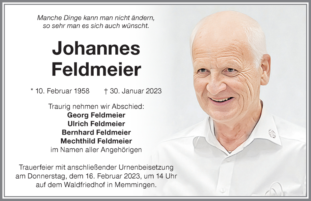  Traueranzeige für Johannes Feldmeier vom 04.02.2023 aus Memminger Zeitung