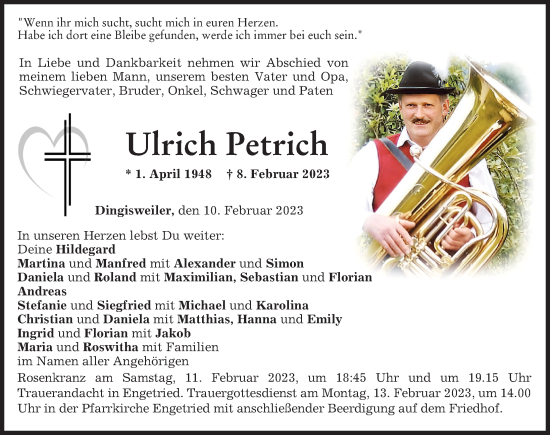 Traueranzeige von Ulrich Petrich von Allgäuer Zeitung, Marktoberdorf