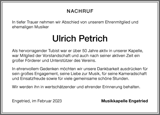 Traueranzeige von Ulrich Petrich von Memminger Zeitung