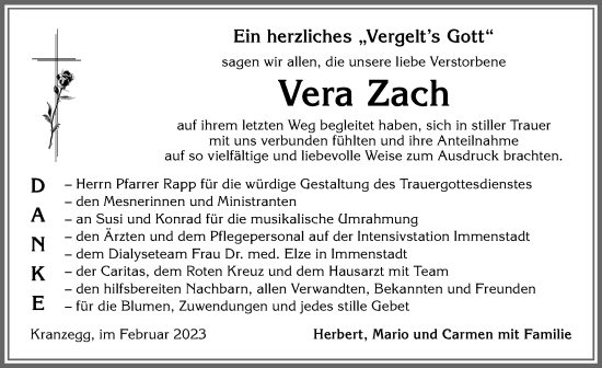 Traueranzeige von Vera Zach von Allgäuer Anzeigeblatt