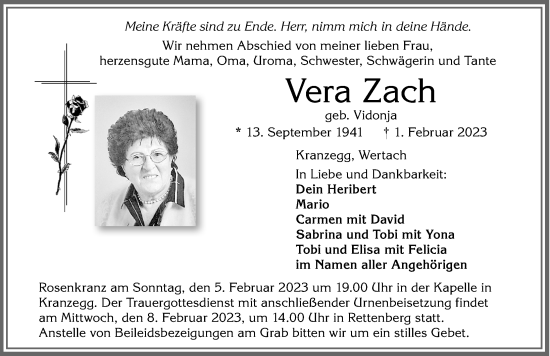 Traueranzeige von Vera Zach von Allgäuer Anzeigeblatt