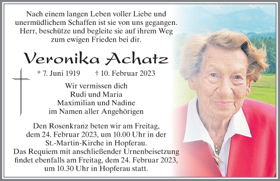 Traueranzeige von Veronika Achatz von Allgäuer Zeitung, Füssen