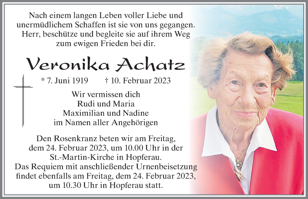  Traueranzeige für Veronika Achatz vom 22.02.2023 aus Allgäuer Zeitung, Füssen