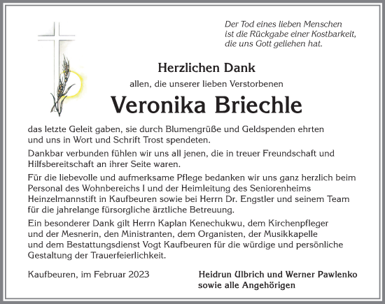 Traueranzeige von Veronika Briechle von Allgäuer Zeitung, Kaufbeuren/Buchloe