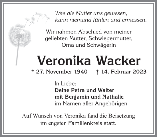 Traueranzeige von Veronika Wacker von Allgäuer Zeitung,Kempten