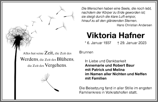 Traueranzeige von Viktoria Hafner von Memminger Zeitung