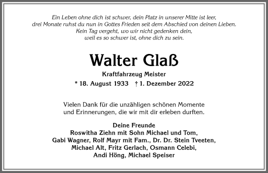 Traueranzeige von Walter Glaß von Allgäuer Anzeigeblatt