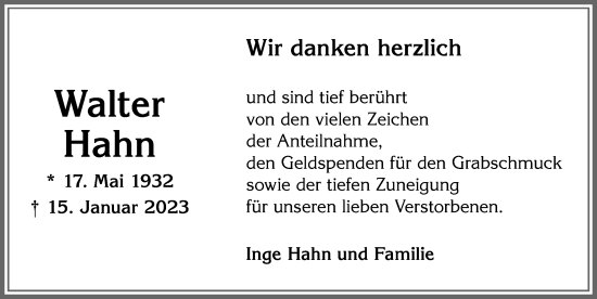 Traueranzeige von Walter Hahn von Allgäuer Zeitung, Kaufbeuren/Buchloe