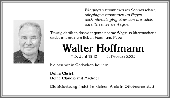 Traueranzeige von Walter Hoffmann von Memminger Zeitung
