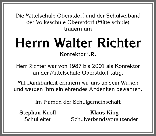 Traueranzeige von Walter Richter von Allgäuer Anzeigeblatt