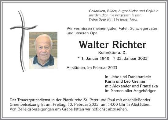 Traueranzeige von Walter Richter von Allgäuer Anzeigeblatt