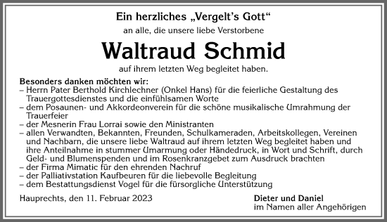 Traueranzeige von Waltraud Schmid von Allgäuer Zeitung, Marktoberdorf