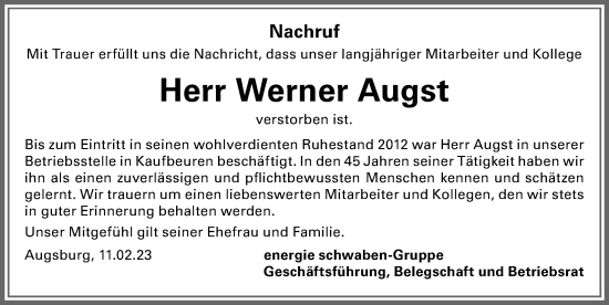 Traueranzeige von Werner Augst von Allgäuer Zeitung, Kaufbeuren/Buchloe