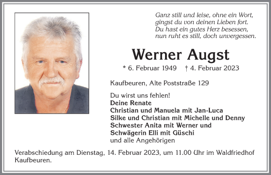 Traueranzeige von Werner Augst von Allgäuer Zeitung, Kaufbeuren/Buchloe