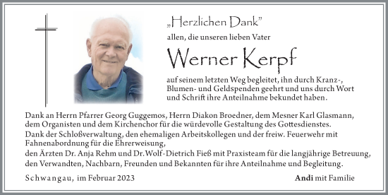 Traueranzeige von Werner Kerpf von Allgäuer Zeitung, Füssen