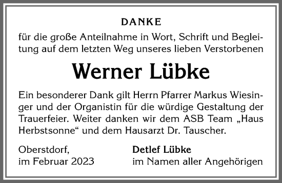 Traueranzeige von Werner Lübke von Allgäuer Anzeigeblatt