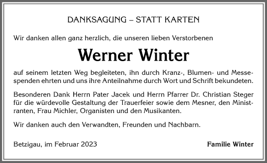 Traueranzeige von Werner Winter von Allgäuer Zeitung,Kempten