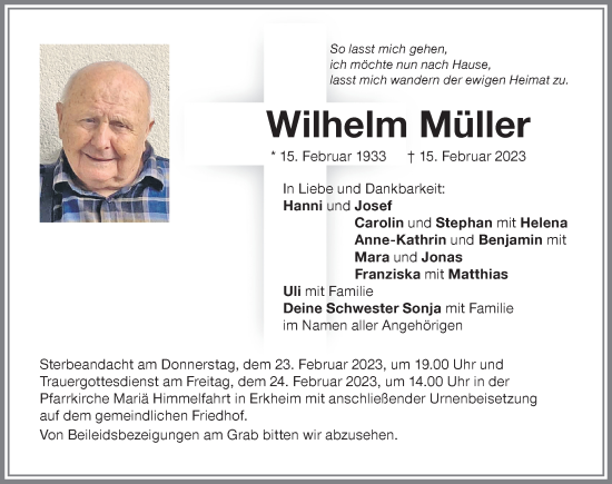 Traueranzeige von Wilhelm Müller von Memminger Zeitung