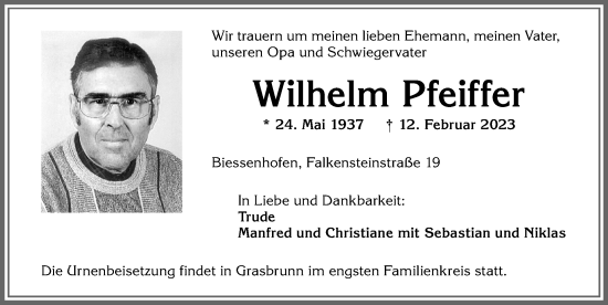 Traueranzeige von Wilhelm Pfeiffer von Allgäuer Zeitung, Kaufbeuren/Buchloe