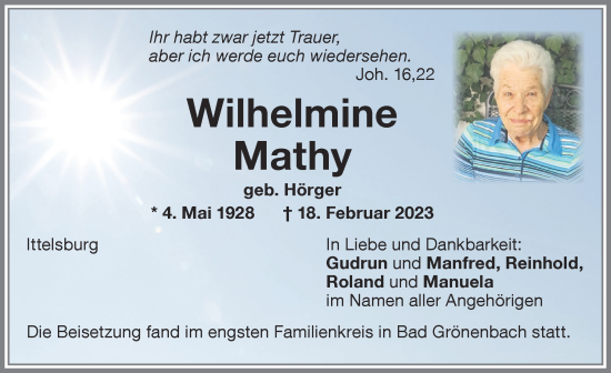 Traueranzeige von Wilhelmine Mathy von Memminger Zeitung