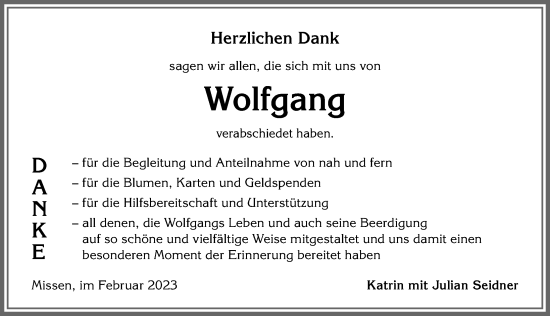 Traueranzeige von Wolfgang  von Allgäuer Anzeigeblatt