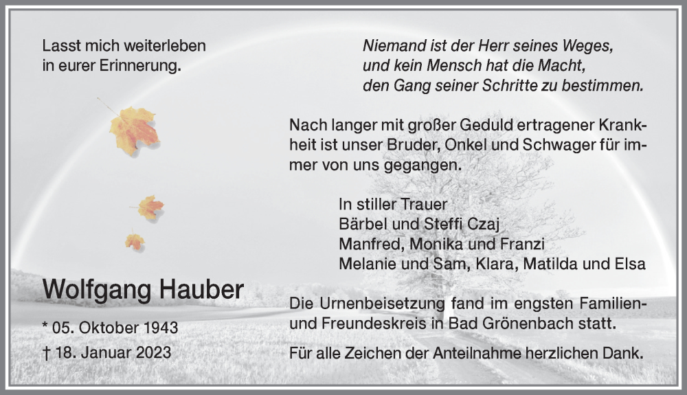  Traueranzeige für Wolfgang Hauber vom 04.02.2023 aus Memminger Zeitung