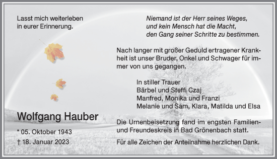Traueranzeige von Wolfgang Hauber von Memminger Zeitung