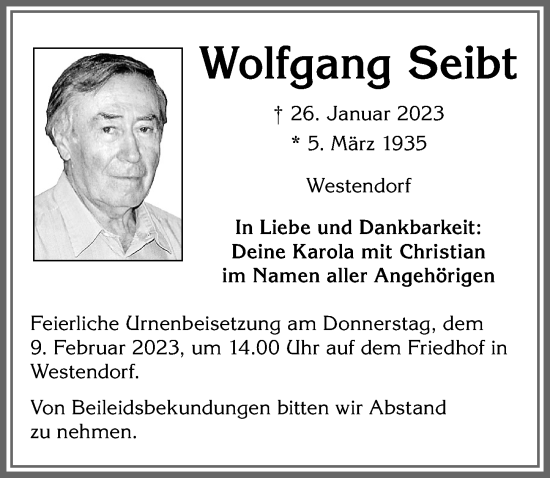 Traueranzeige von Wolfgang Seibt von Allgäuer Zeitung, Kaufbeuren/Buchloe