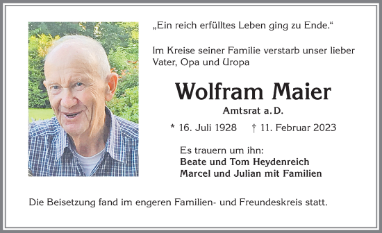 Traueranzeige von Wolfram Maier von Allgäuer Zeitung,Kempten