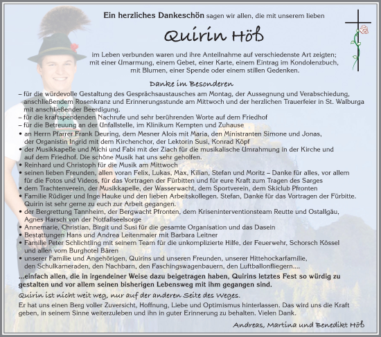 Traueranzeige von Quirin Höß 