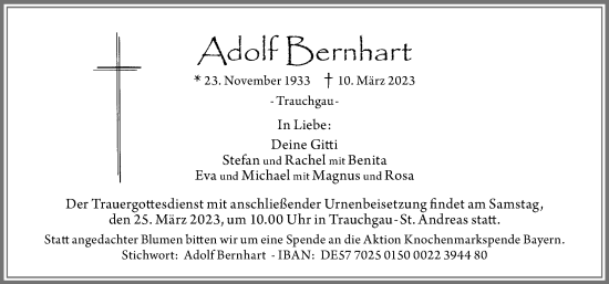 Traueranzeige von Adolf Bernhart von Neuburger Rundschau, Augsburger Allgemeine