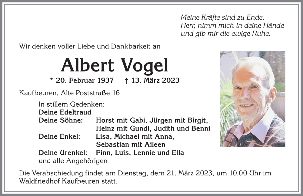 Traueranzeigen von Albert Vogel | Allgäuer Zeitung